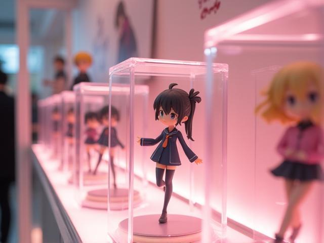 ガラスケースに並ぶ新作アニメフィギュアの先行展示会の様子