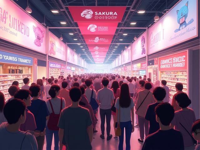 コミックマーケットの多くのアニメファンが並ぶ活気ある展示ブースの様子