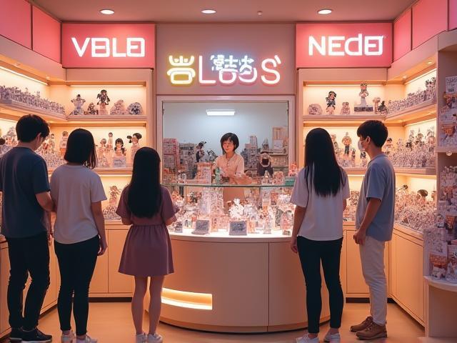 試遊コーナーでアニメフィギュアを楽しむ来店者の写真